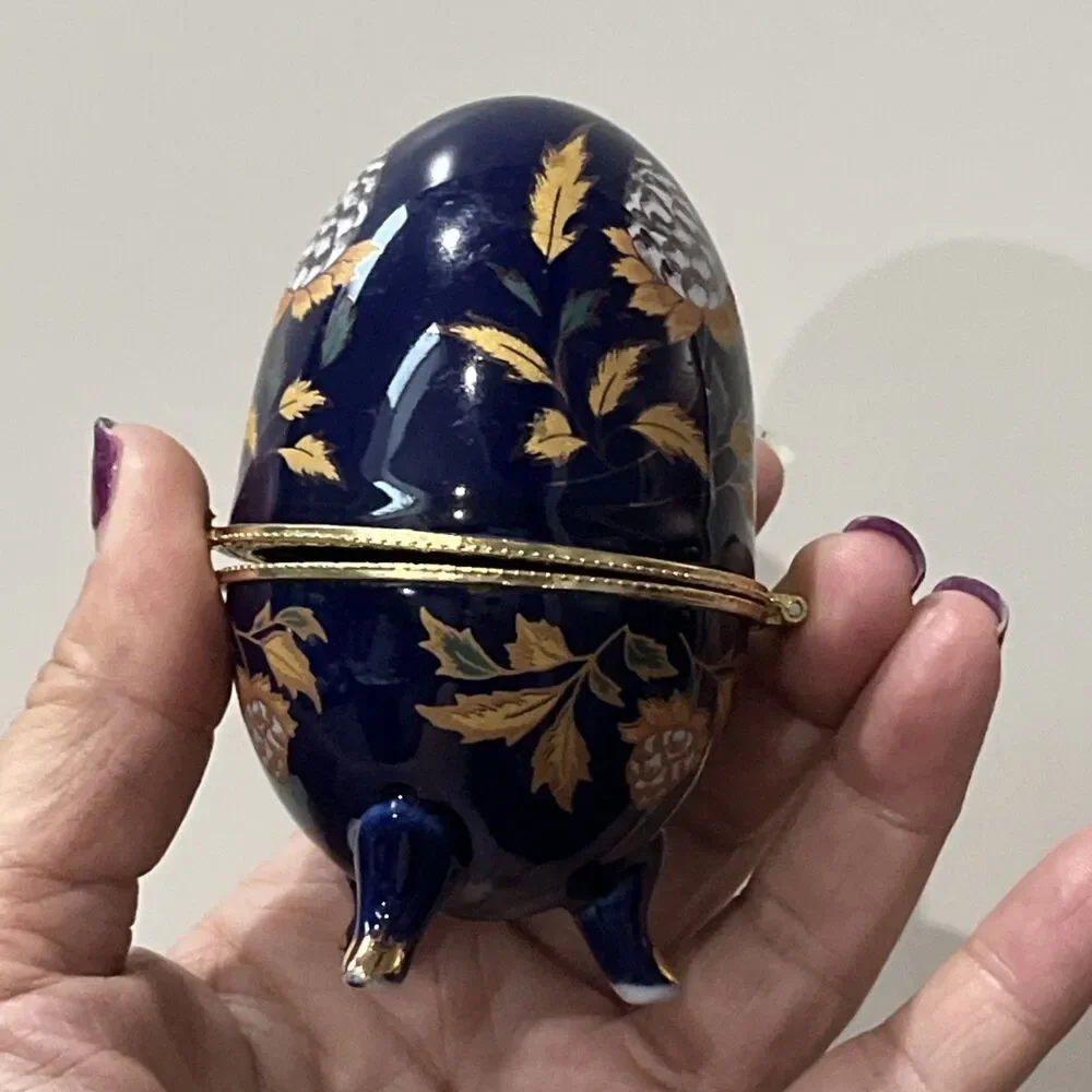 Cobalt Blue Porcelain Egg Trinket Box Footed with Floral Decoration